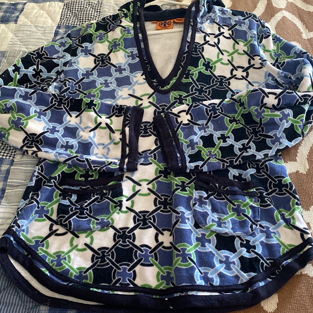 Tory Burch Terry Cloth Hoodie Tunic L chain print blue green white 100% cotton - Picture 8 of 9